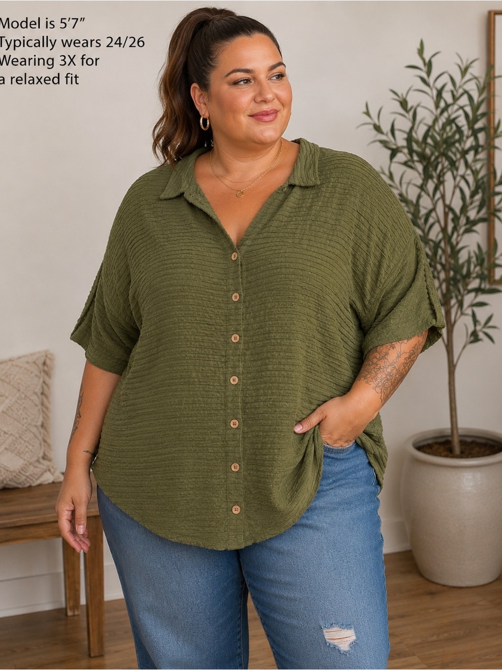 Vintage Ezze Wear 3X Olive Green Cotton Gauze Button Front Shirt Boho Plus